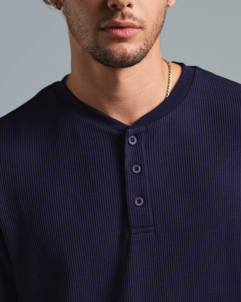 【THE MUSEUM VISITOR】 CHECK MIXED HENLEY NECK T-SHIRT NAVY Henley Shirt Men's Sailor's Striped Shirt Short Sleeve T