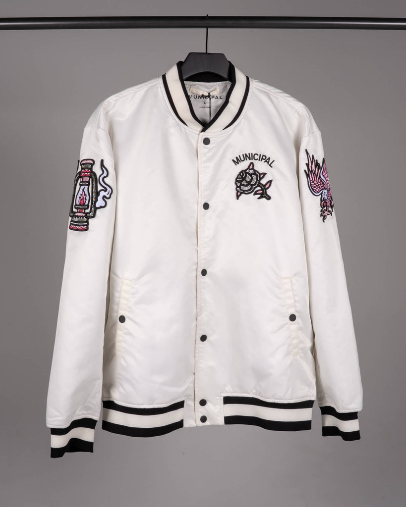 Justus Varsity Jacket in Scorpion / Silver / Pink | MUNICIPAL