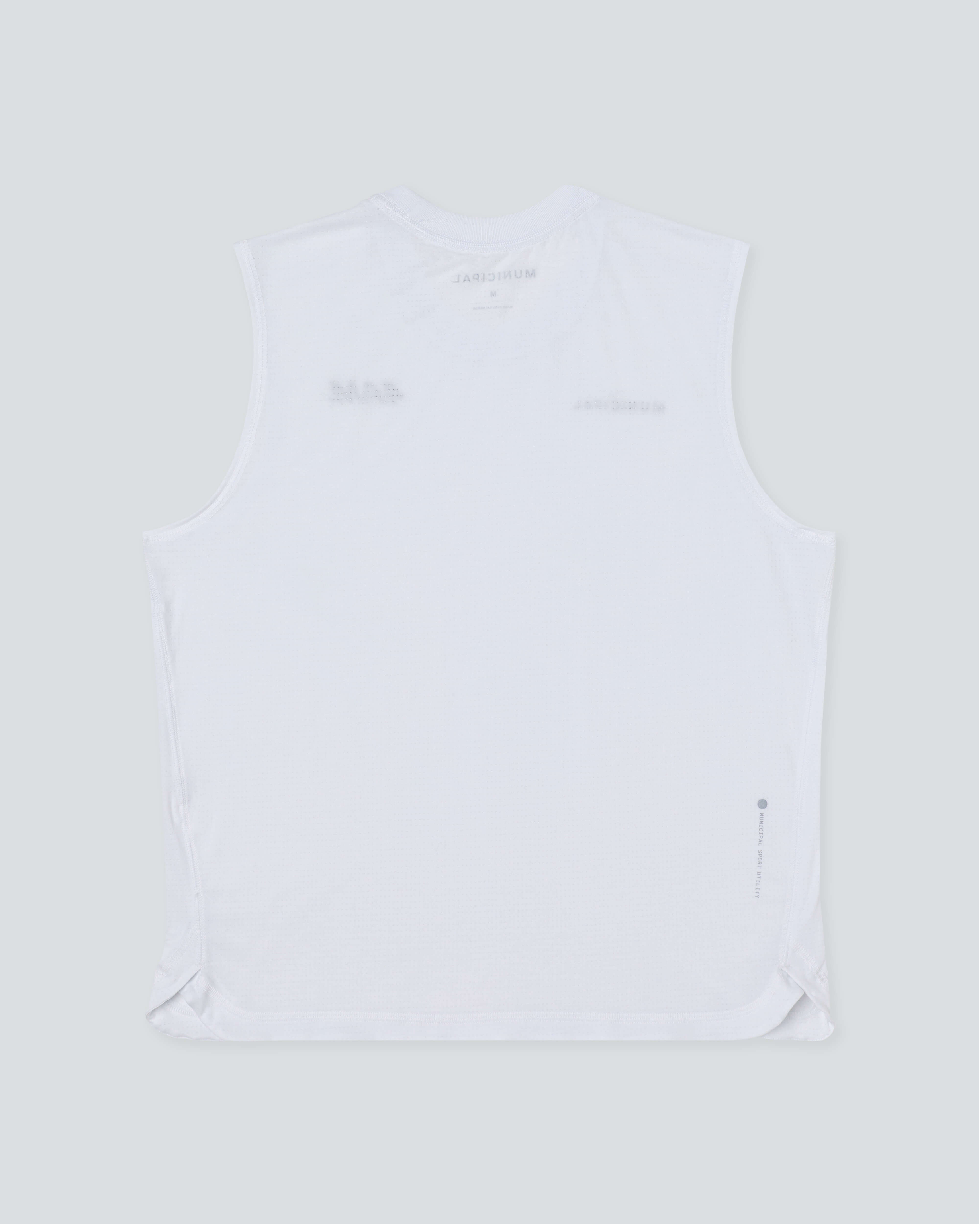 4AM. Tank |White| A white sleeveless athletic tank top shown from the back, laid flat against a light gray background.