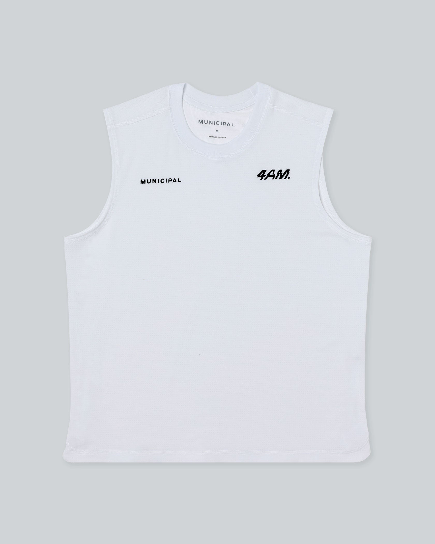 4AM Tank |White| A white sleeveless shirt with black text on a light gray background.